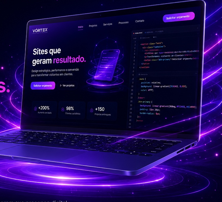 Notebook exibindo um site criado pela Vórtex